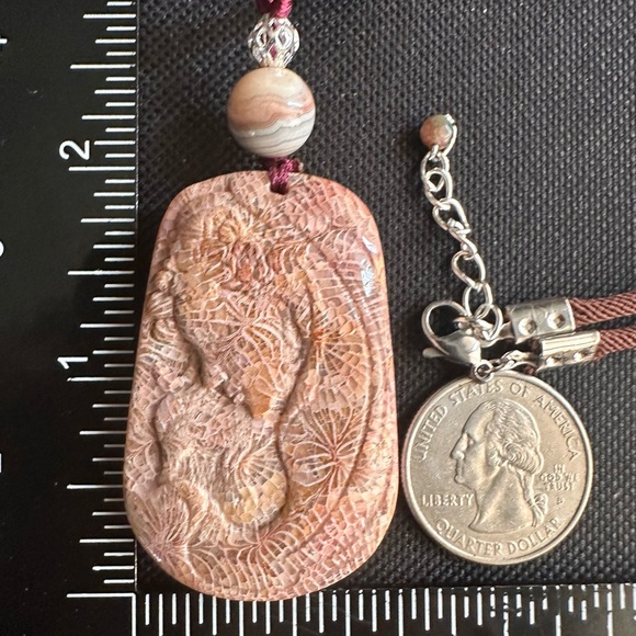 Handcrafted Coral Fossil Lady Pendant Necklace, Botswana Agate on Brown Rope - Picture 12 of 13